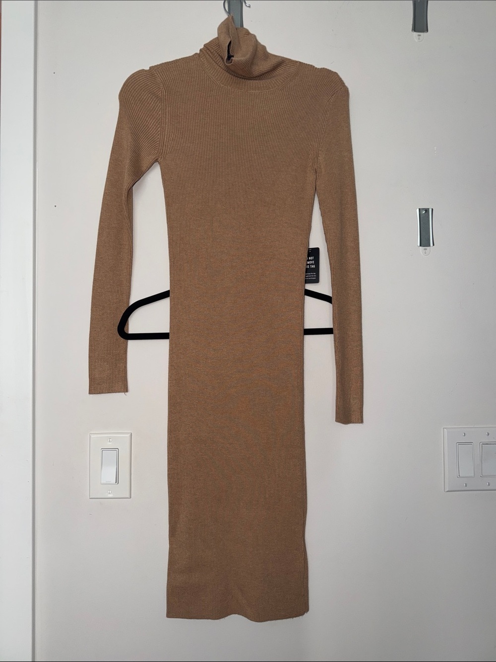 Express Camel Ribbed Turtleneck Long Sleeve Dress
